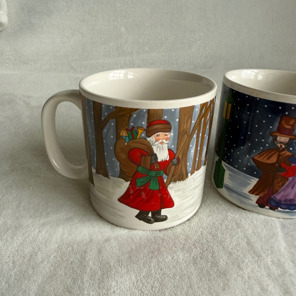 Vintage Grant Howard Christmas Mug Set 3pc Folk Art Winter Scenes Santa Carolers
